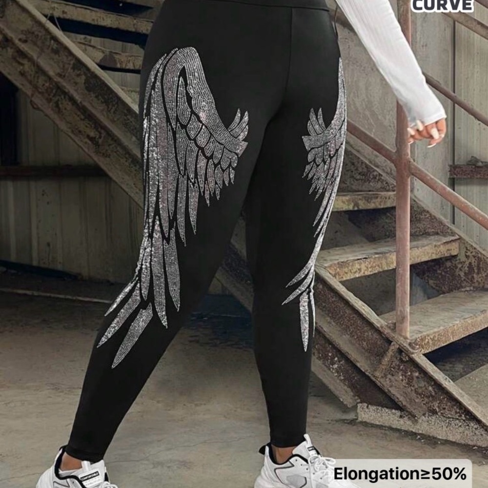 Plus Size Black Leggings with Silver Wing Print